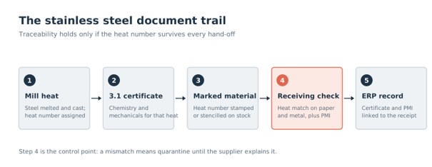 A certificate only earns its keep if its heat number survives every hand-off down to the receiving record.
